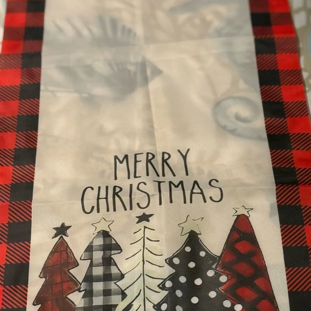 Merry Christmas Table Runner with Red Plaid Border length 70x 14 width